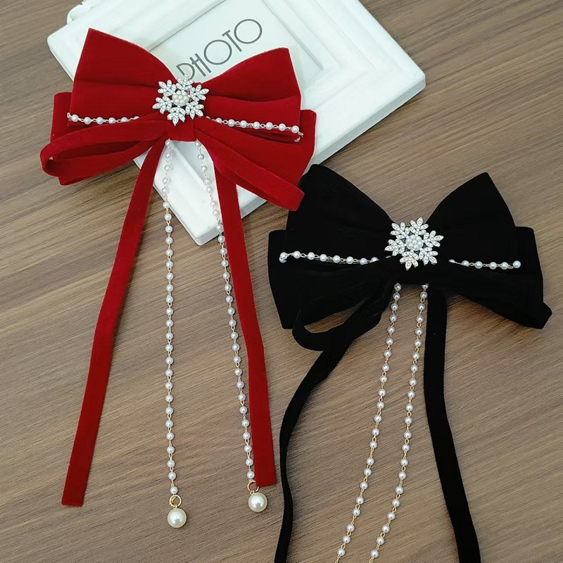 韩版丝绒蝴蝶结飘带弹簧夹女时尚新款镶钻发夹后脑勺顶夹新娘发饰