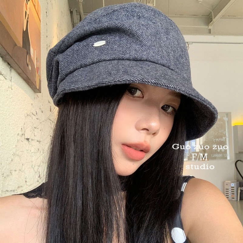 日本设计师！复古褶皱堆堆帽子贝雷帽女高级感牛仔渔夫帽大头围潮|undefined