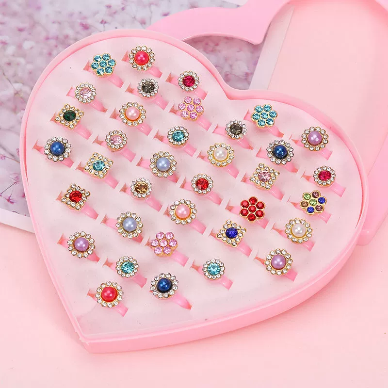 Children's Ring Set, multi-piece cartoon princess jewelry with gems, assorted boxes