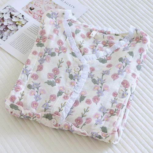 Spring and summer thin pure cotton gauze confinement clothes maternity pajamas long-sleeved floral cardigan postpartum nursing clothes home clothes