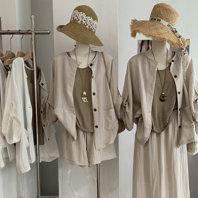 Kekezoon Old Money Style Buttoned Sun Protection Shirt + Sleeveless Vest + Mid-Length Skirt Three-Piece Set 8020