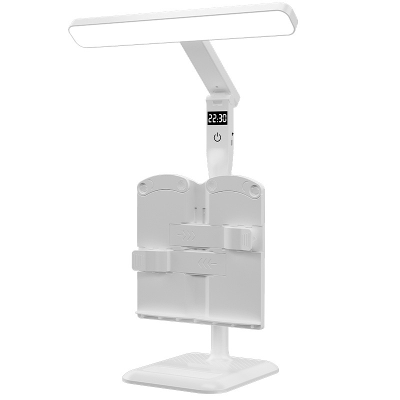Lámpara de escritorio LED multifuncional para estudio, dormitorio, tareas escolares, lectura, con reloj y función de carga para estudiantes