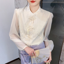 新中式国风盘扣衬衫春装女2024年新款设计感洋气宽松长袖立领上衣