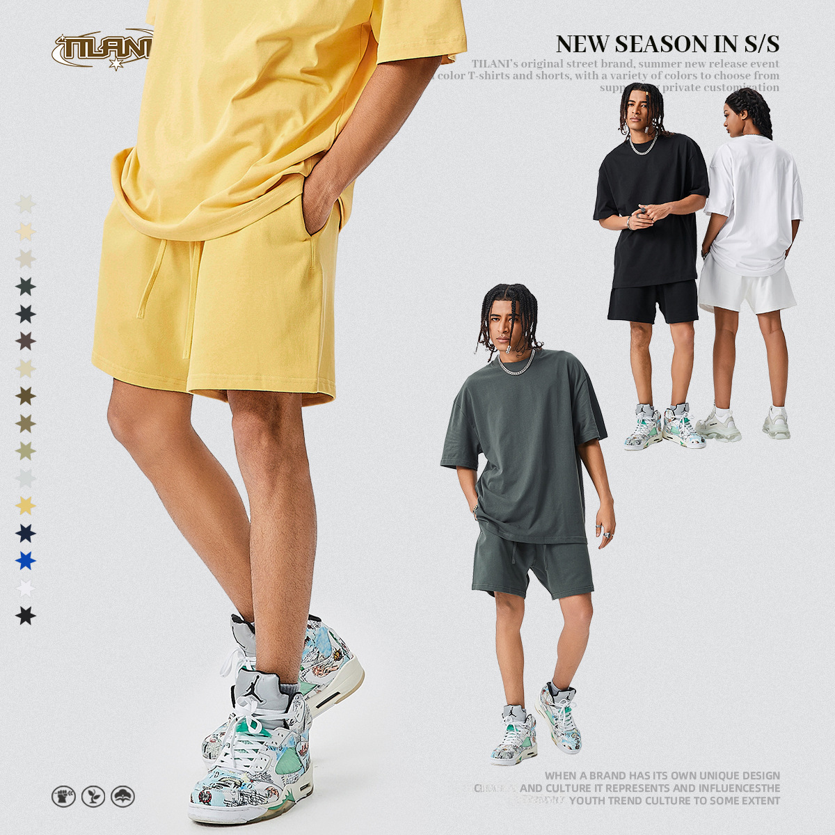 TILANI men's clothing 2025 spring and summer FOG color basic street loose shorts solid color pure cotton five-point pants