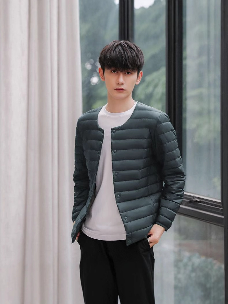 Transfronterizo Tik Tok nuevo chaqueta de pluma ligera hombre sin cuello calentador interior de cuello redondo grande vestir chaqueta de cuello V