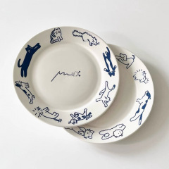 出口韩国复古可爱线描小狗猫猫陶瓷盘寸甜品早餐盘小众餐具