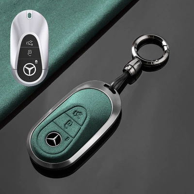 Car key bag: For Mercedes-Benz e300l key - no-specifications-mercedes-benz-c-tarnish-aluminum-alloy-dark-green-suede-convenient-buckle