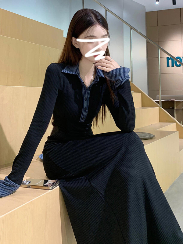法式黑色polo针织连衣裙子女春秋季2025新款内搭打底气质鱼尾长裙|undefined