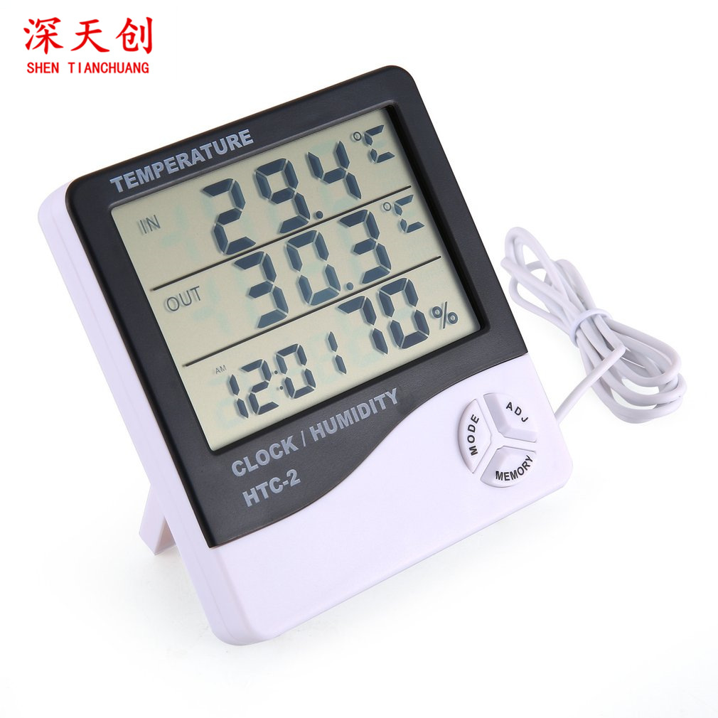 HTC-2 Large Screen Thermometer Hygrometer Home Indoor Outdoor Alarm Clock Temperature Device Digital Electronic with Probe