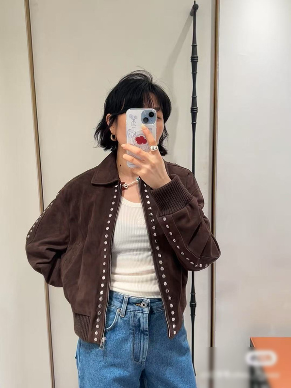 南油高端女装2025年早秋冬LOE*新款麂皮绒铆钉夹克翻领皮衣外套女|undefined