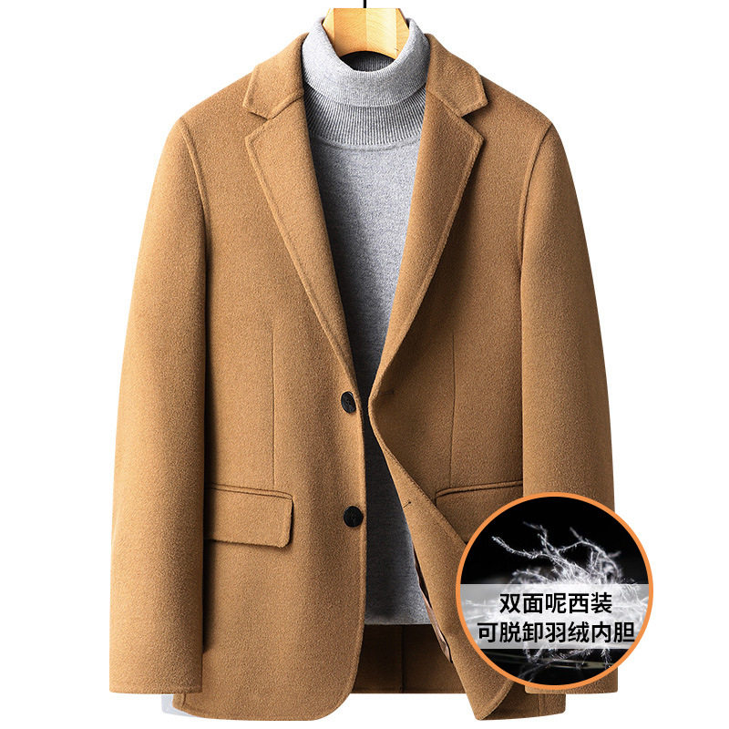 Áo vest nam dạ lông cừu hai mặt có lót lông vũ tháo rời, dài tay, giữ ấm — Màu vàng, Màu xám, Màu đen