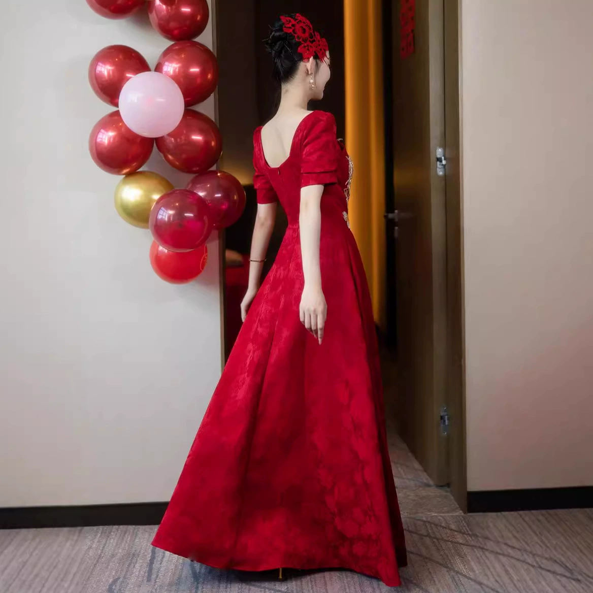 Burgundy long evening dress for bride, Chinese style