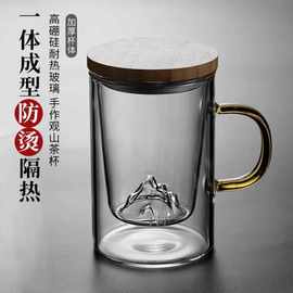 批发爆款茶杯耐热玻璃杯竹木盖茶水分离泡茶杯子 观山杯过滤水杯