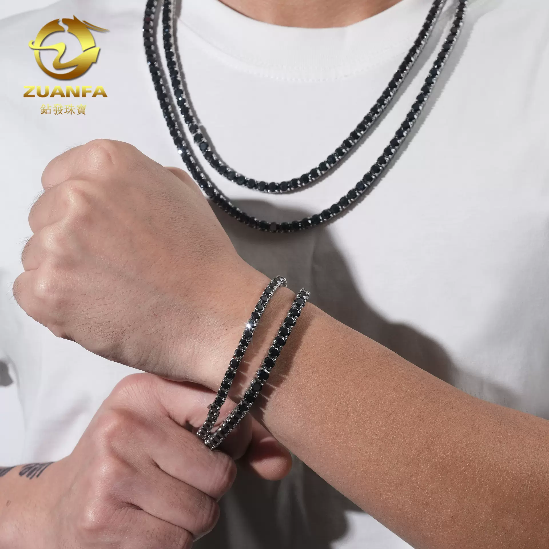 跨境新品4-5mm316L不锈钢镶黑色莫桑石项链 潮流嘻哈男女手链饰品