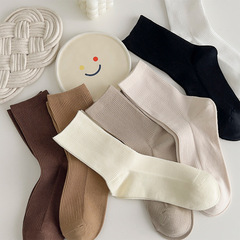 Camel-colored women's crew socks, cotton socks, spring and autumn version, solid color stripes, versatile, Korean version, combed cotton, autumn and winter, ruffled long socks