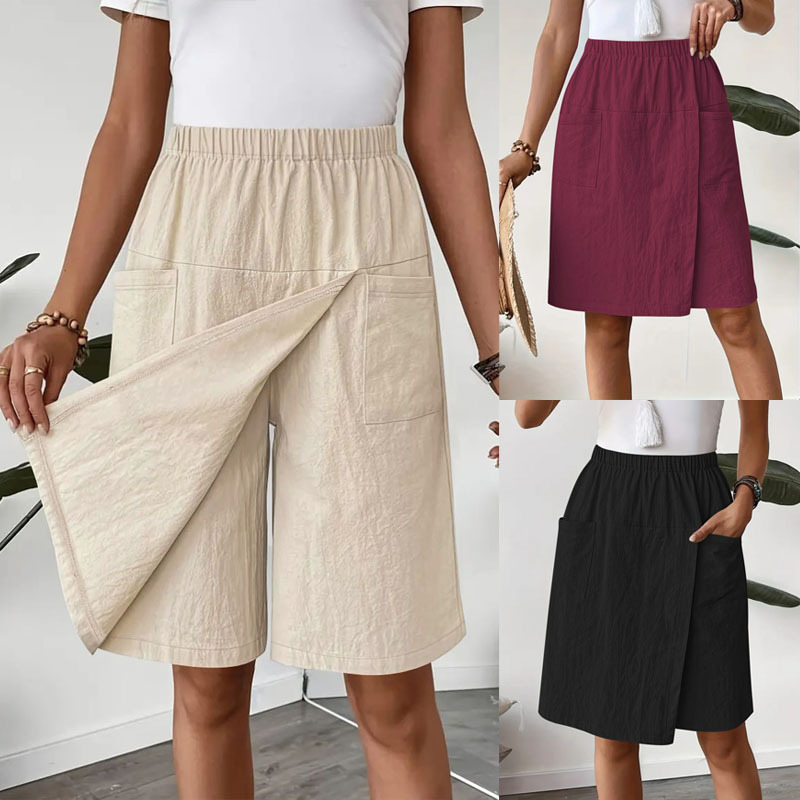 2025 Amazon Foreign Trade Slit Skirt Wide-Leg Five-Quarter Pants Summer Casual Loose Pure Color Short Culottes for Women