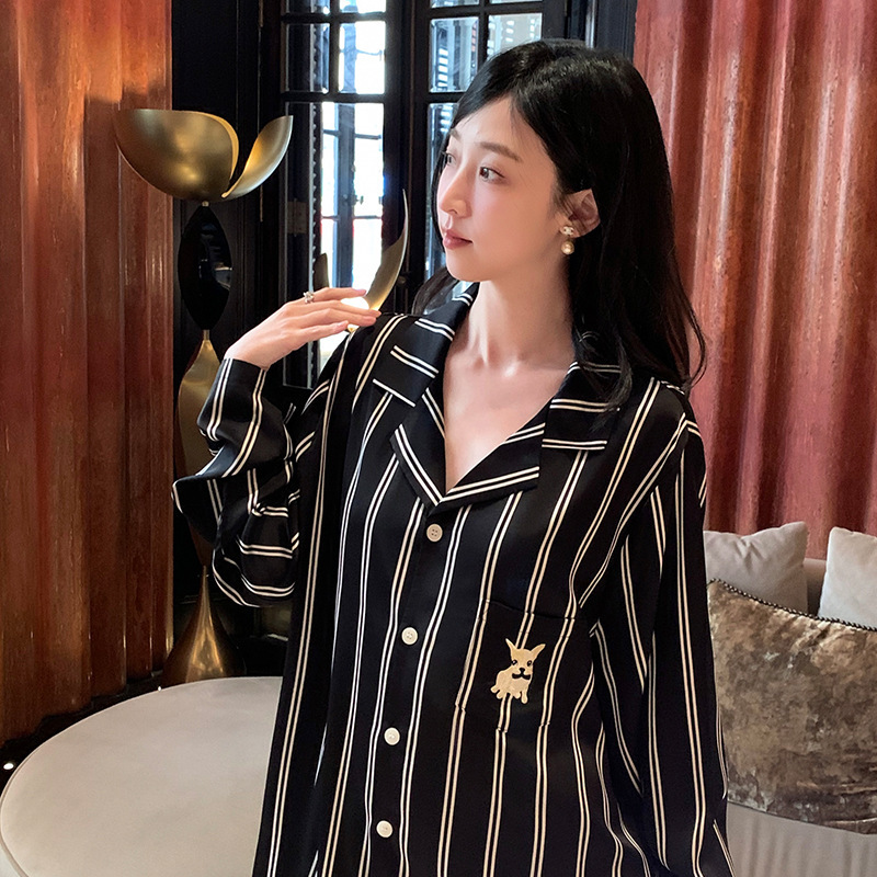 Big Brand Same Style Money-Making Black Striped Satin Couple Pajamas Loungewear Birthday Holiday Gift Big Brand Same Style Money-Making Black Striped Satin Couple Pajamas Loungewear Birthday Holiday Gift