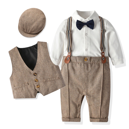 New Spring and Autumn Children's Clothing Infant and Toddler British-style Vest Bodysuit Climbing Gentleman Hat First Birthday Suit Newborn Gentleman Set