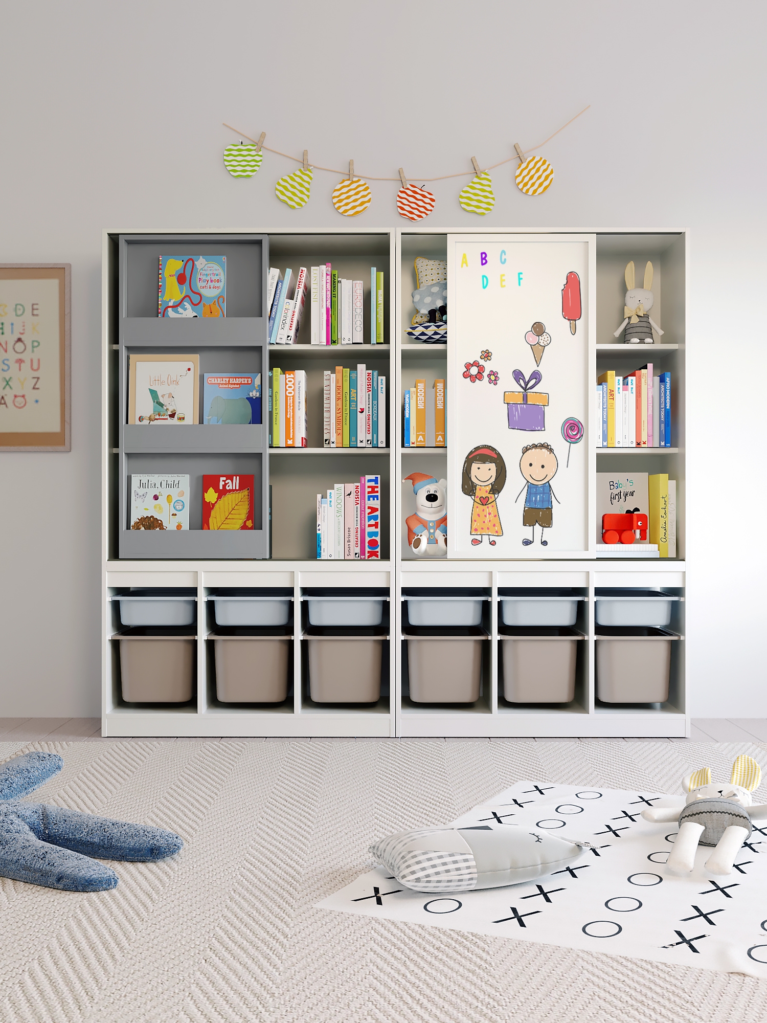 W7一体式儿童实木书架绘本架多功能收纳柜创意推拉门学生书