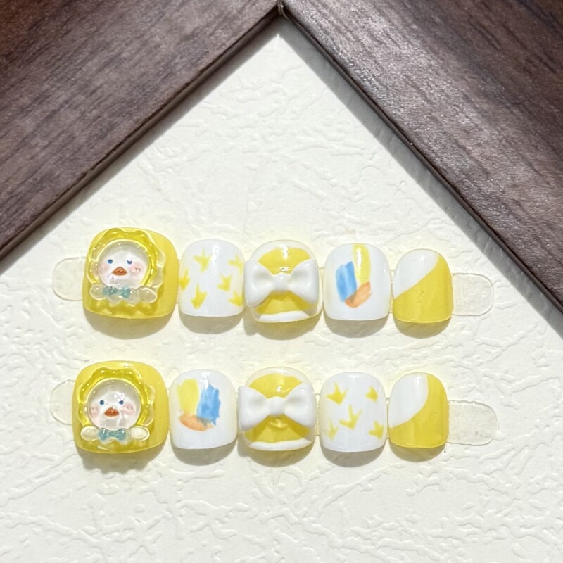 Purely Handmade Wearable Stereo Cartoon Dopamine Cute Chick Poached Egg Manicure Handmade Wearable Nails Fake Nails