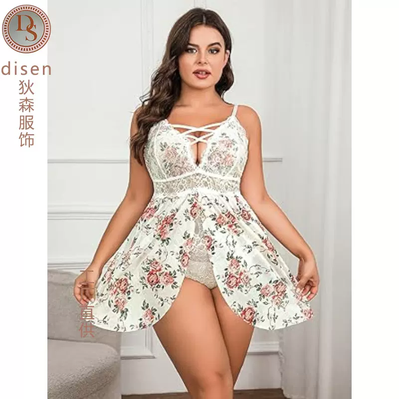 外贸夏季吊带情趣大码睡衣性感居家连体裙摆印花透视内衣套装