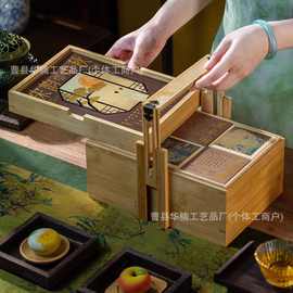 新款2025中秋节皮革手提木质月饼包装礼盒复古节日送礼包装盒