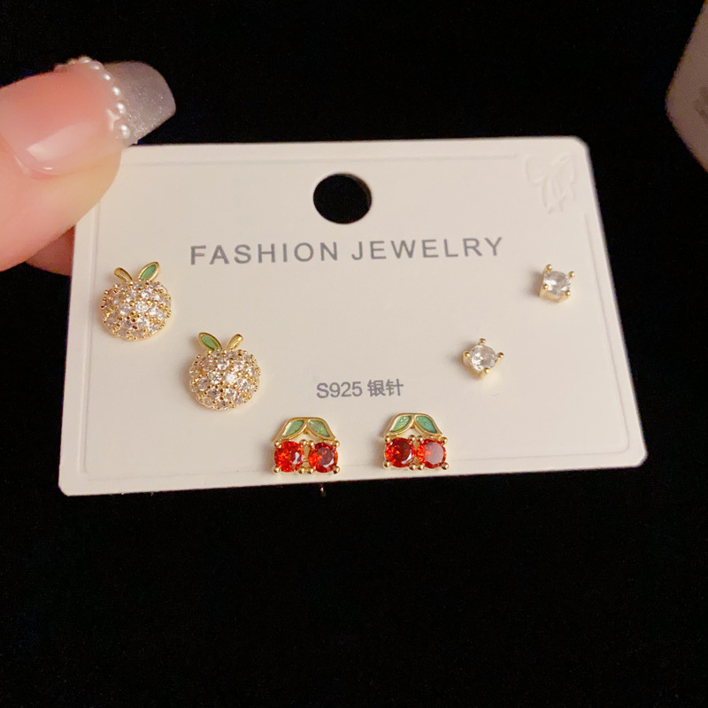 Casual, Daily Occasion 1 Set Cute Cherry Apple Copper Zircon Small Stud Earrings