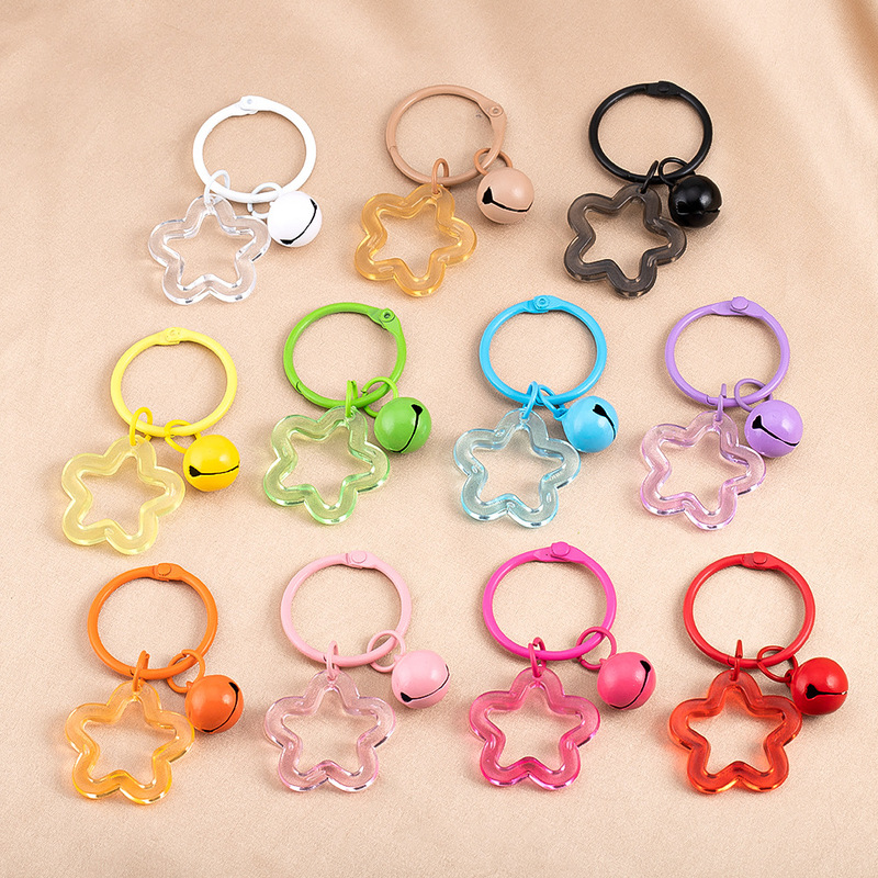 Transparent Acrylic Colorful Star Keychain Ring Cute Bell DIY School Bag Lock Pendant Accessories Accessories