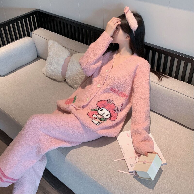 秋冬加厚珊瑚绒睡衣开衫月子服保暖加厚半边绒睡衣减龄少女家居服|undefined