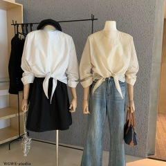 WGWE7247松弛条纹 清透韩系插肩袖绑带衬衣女宽松廓形防晒衬衫
