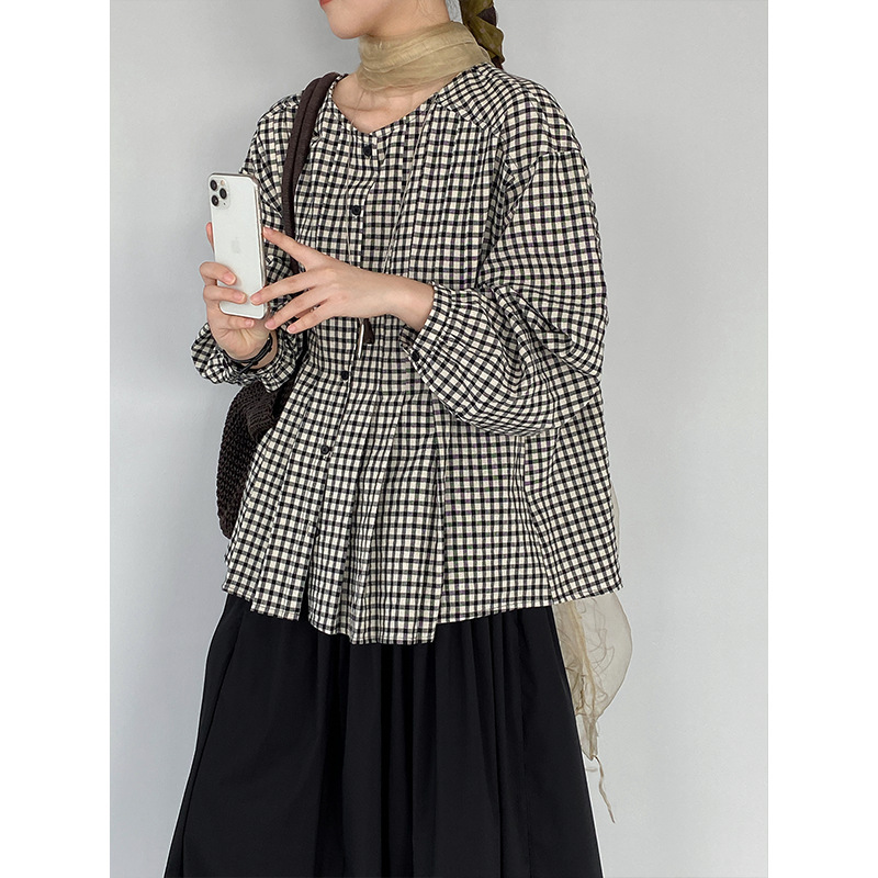 Jiang Chi Japanese-style Autumn Vintage Artistic Round-neck Plaid Shirt for Women Versatile Pleated Loose Babydoll Shirt 828 Jiang Chi Japanese-style Autumn Vintage Artistic Round-neck Plaid Shirt for Women Versatile Pleated Loose Babydoll Shirt 828