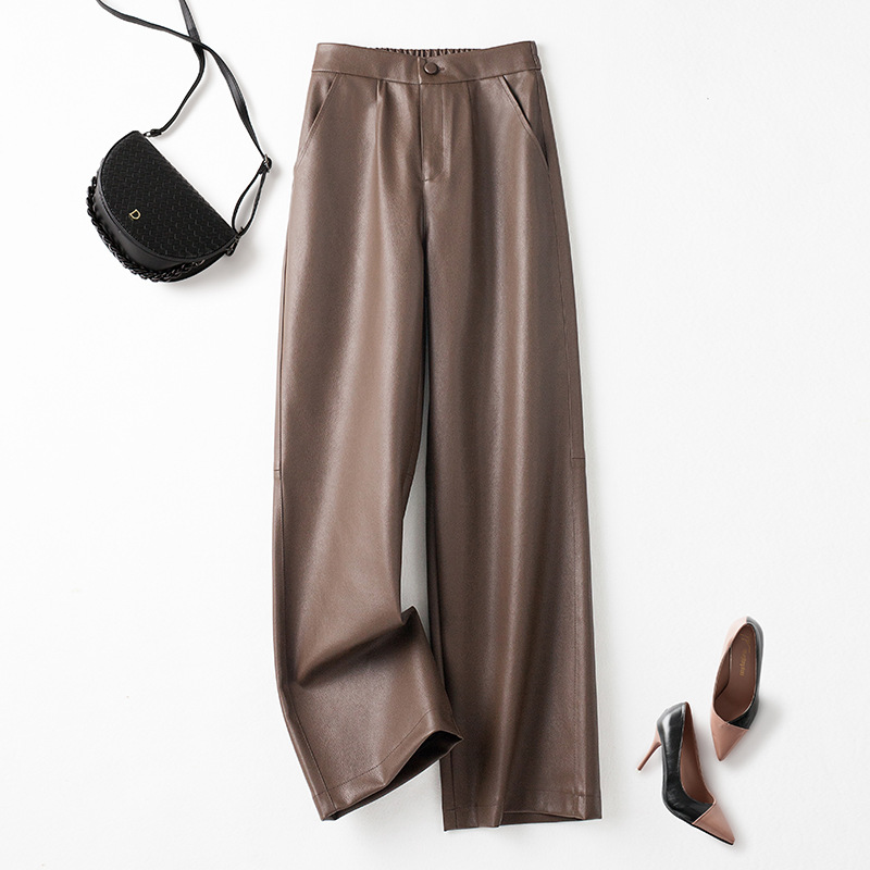 Brown Elastic Waist Leather Pants for Women Autumn and Winter New Retro High-End Casual Windproof Scimitar Wide-Leg Pants Cross-Border Wholesale