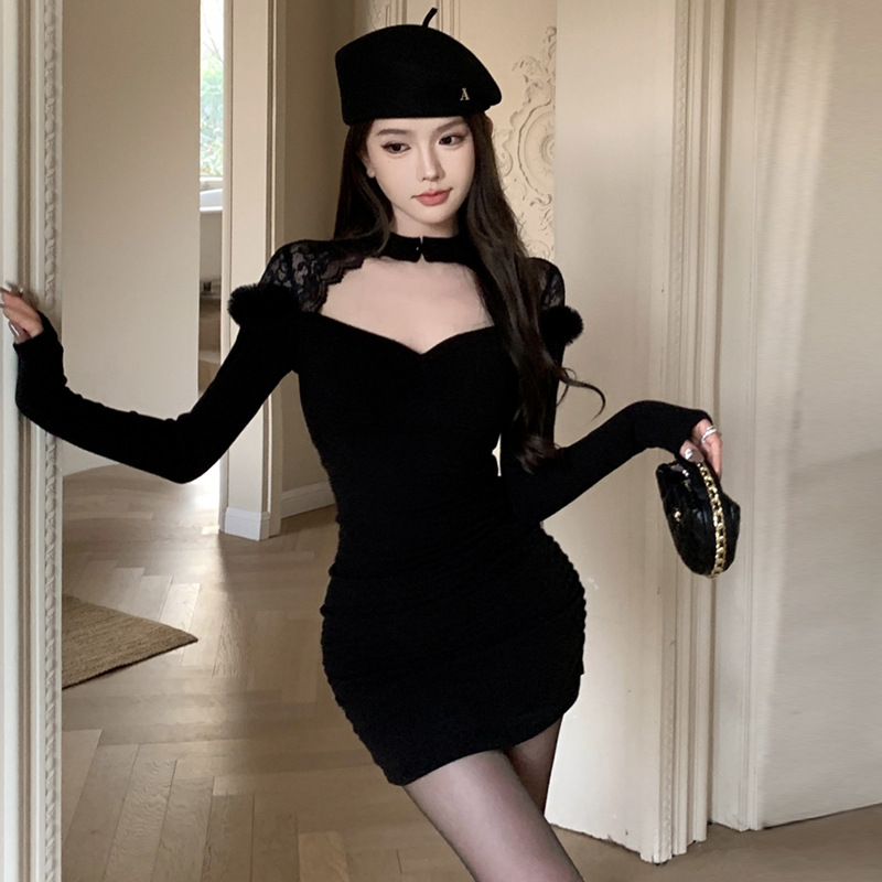 8698欧美东南亚外贸批发2025女装性感赫本蕾丝拼接挂脖修身连衣裙