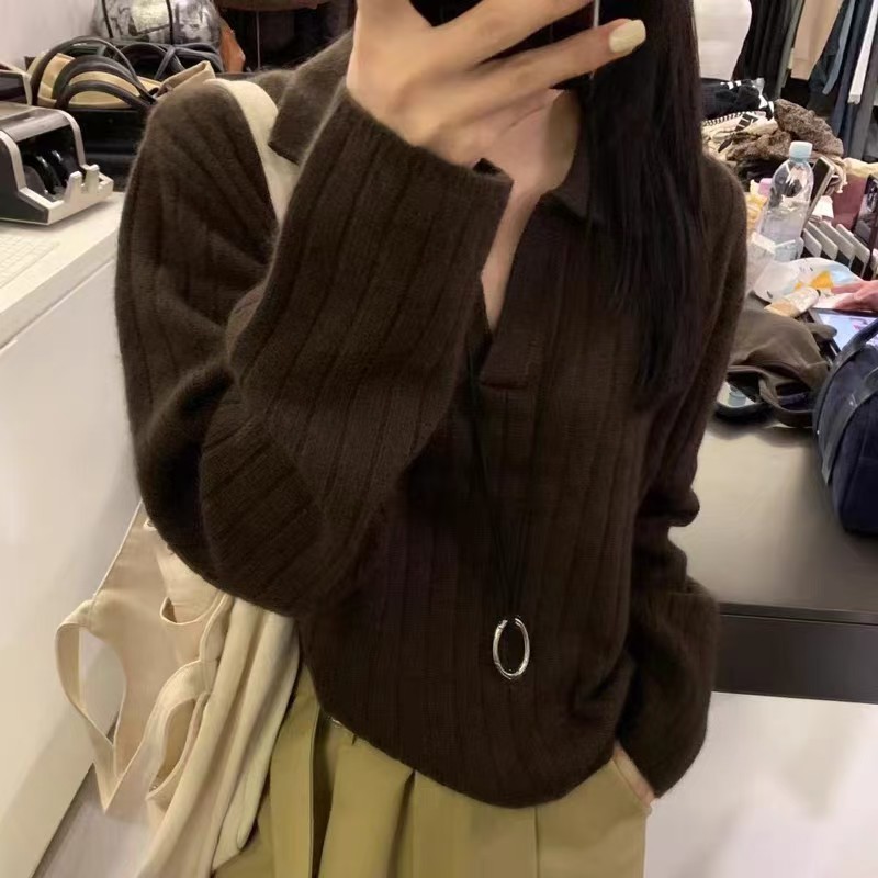 毛衣女韩版chic设计感简约复古百搭时尚款宽松长袖polo领针织上衣|undefined