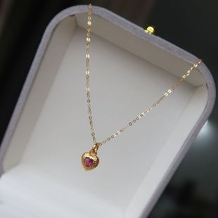18K Real Gold Brushed Heart Tourmaline Brazilian Tourmaline Heart-Shaped Pendant Necklace Clavicle Chain Niche Accessible Luxury Au750