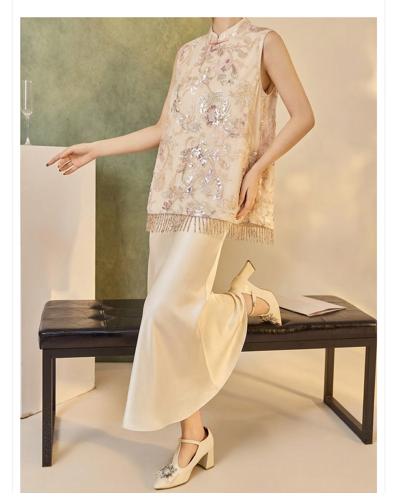 Áo gile nữ thêu sequin tua rua phong cách tân cổ điển xuân hè — xanh lam, màu mơ chi tiết 3