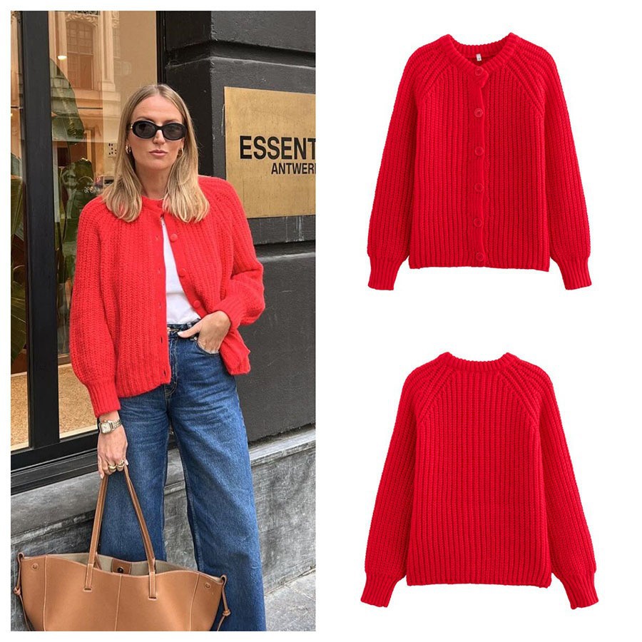 2025 Autumn and Winter New European and American Cross-Border Fashion Casual Pure Color Women's Knitted Cardigan Round Neck Long-Sleeved Sweater Jacket