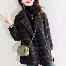 格子西装毛呢外套2025秋冬女韩版宽松复古格纹中长款毛呢大衣外贸