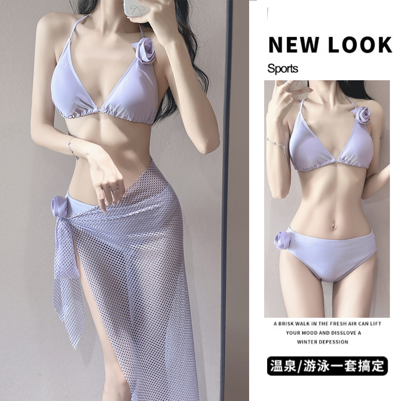【紫系蔷薇】bikini比基尼分体三件套巴厘岛度假沙滩夏游泳衣女新