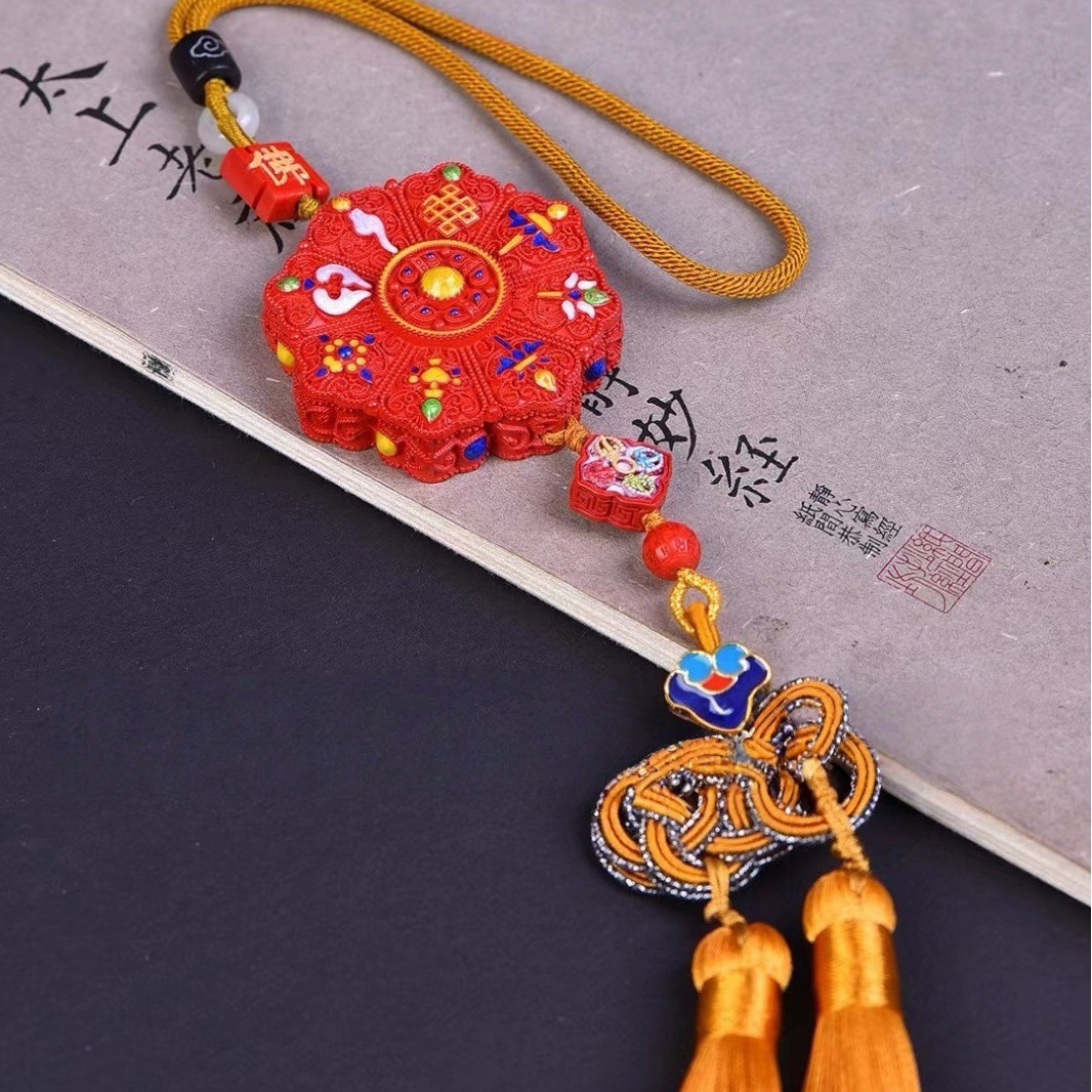 原创高量含朱砂红砂彩绘吉祥六字 八宝莲花 车挂 挂 吊坠挂件