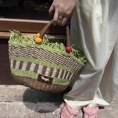 Tagi.木头果子编织手提水果野餐篮大容量串珠编织包