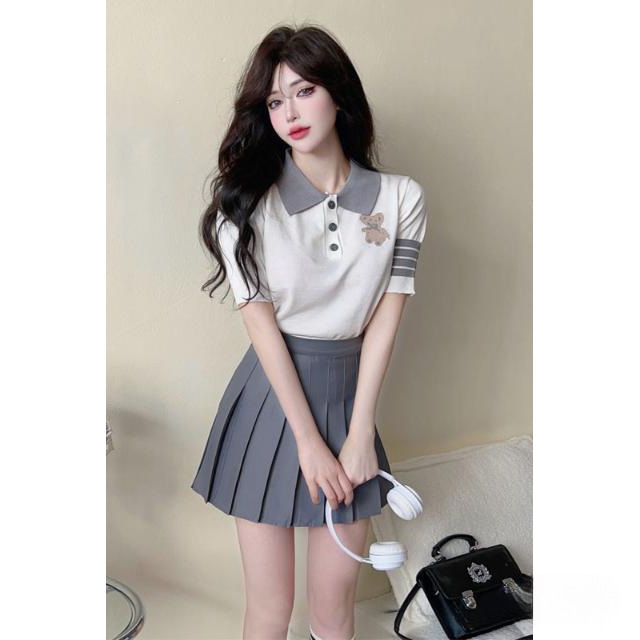 College Style Suit Summer Bear Short-Sleeved Sweater Top High-Waisted Pleated Skirt Age-Reducing Suit for Women Summer College Style Suit Summer Bear Short-Sleeved Sweater Top High-Waisted Pleated Skirt Age-Reducing Suit for Women Summer