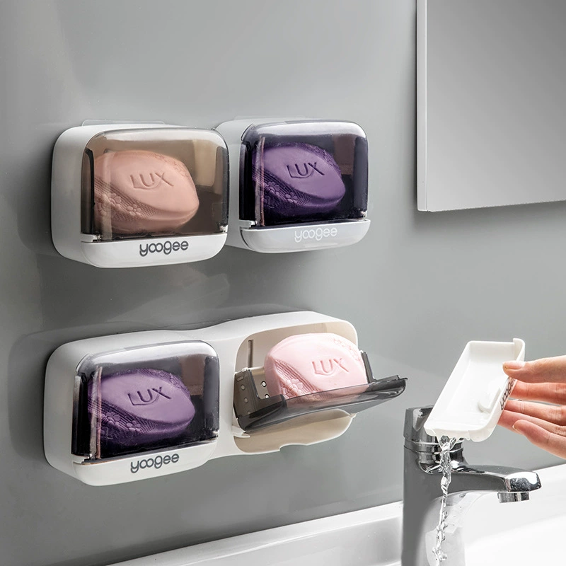 Wall-Mounted Soap Box (yoogee YC378) — Dustproof suction-cup soap rack, single or double grid