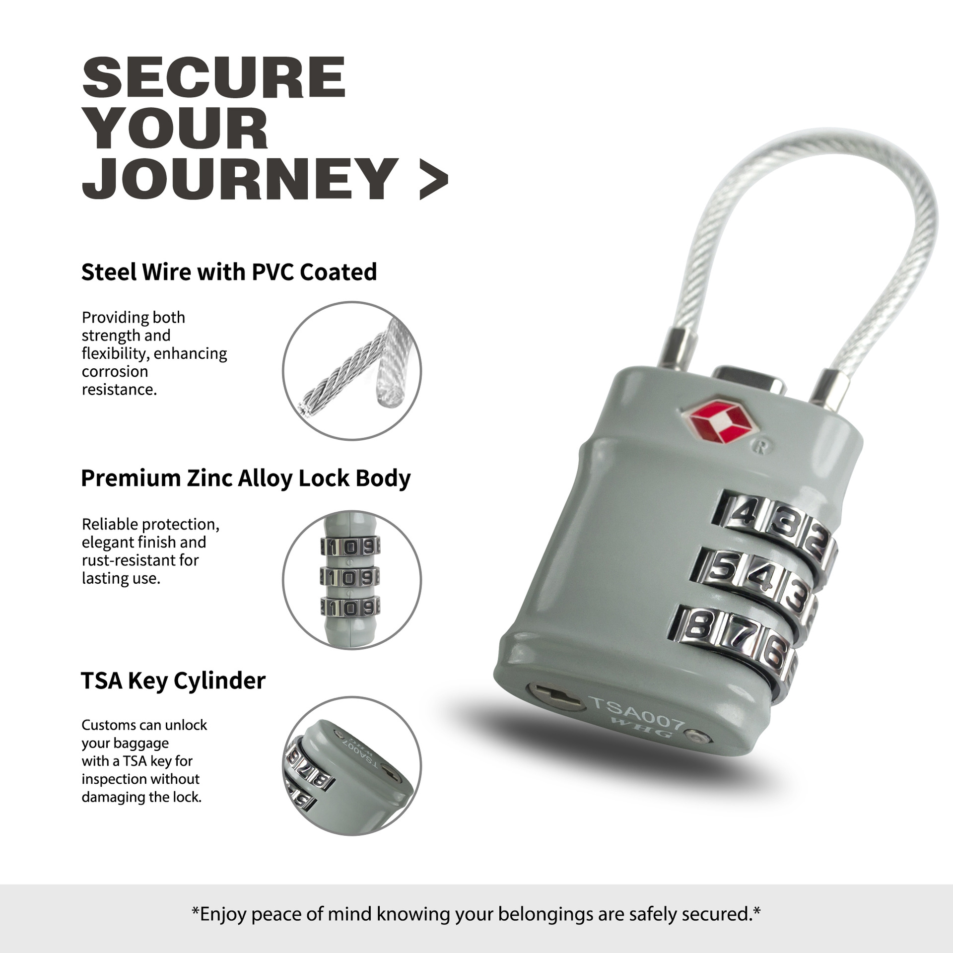 Customs Lock Zinc Alloy Travel Bag Gym Wire Rope TSA Customs Password Padlock Password Lock 14ST 3