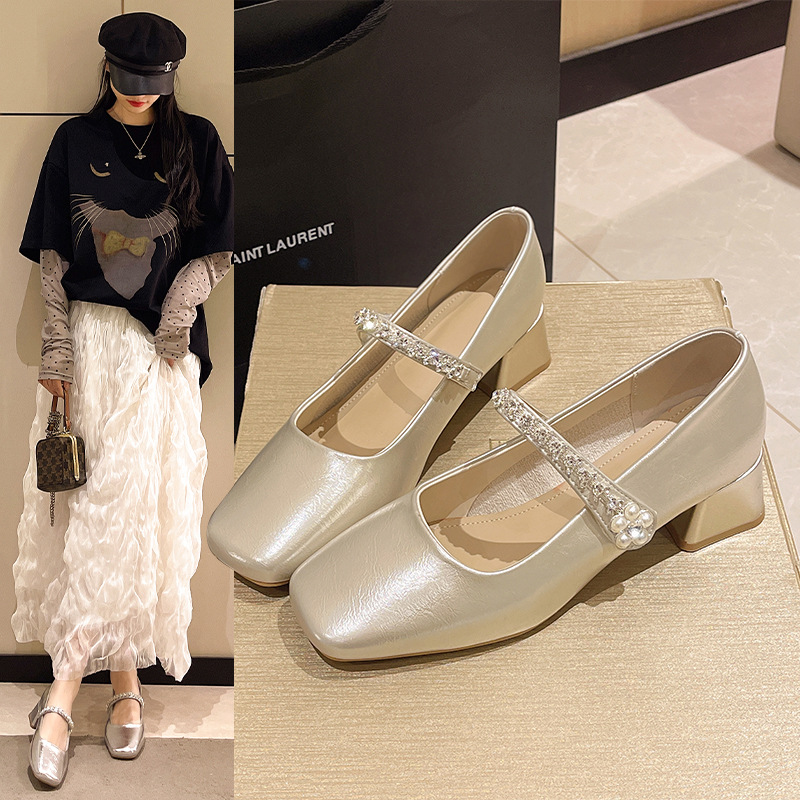 싱글 슈즈, 스퀘어 토, 워터 다이아몬드 장식, 원 스트랩, 실버 로우힐 플랫 슈즈, 편안한 메리제인 슈즈, 실버 싱글 슈즈 여성용