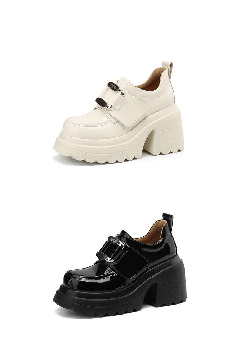 Giày loafer nữ đế xuồng platform phong cách Anh quốc, gót cao 6 cm, mũi tròn, quai ngang dán — Đen bóng, Be bóng chi tiết 18