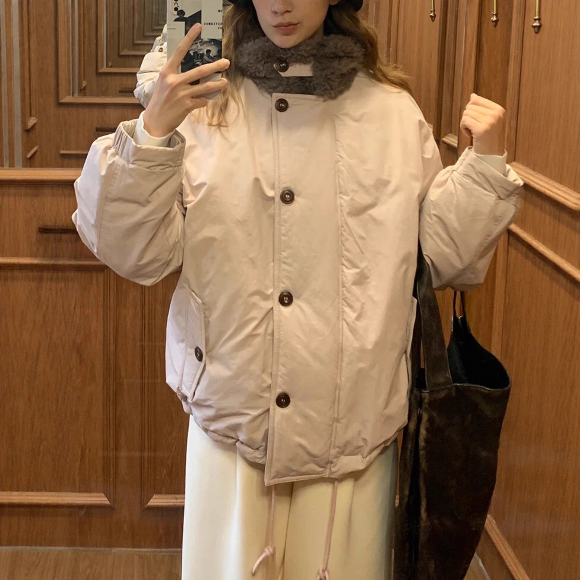 KERNEL COSMOS 暖焦巴斯克 冬季氛围感拼接毛领宽松休闲羽绒外套