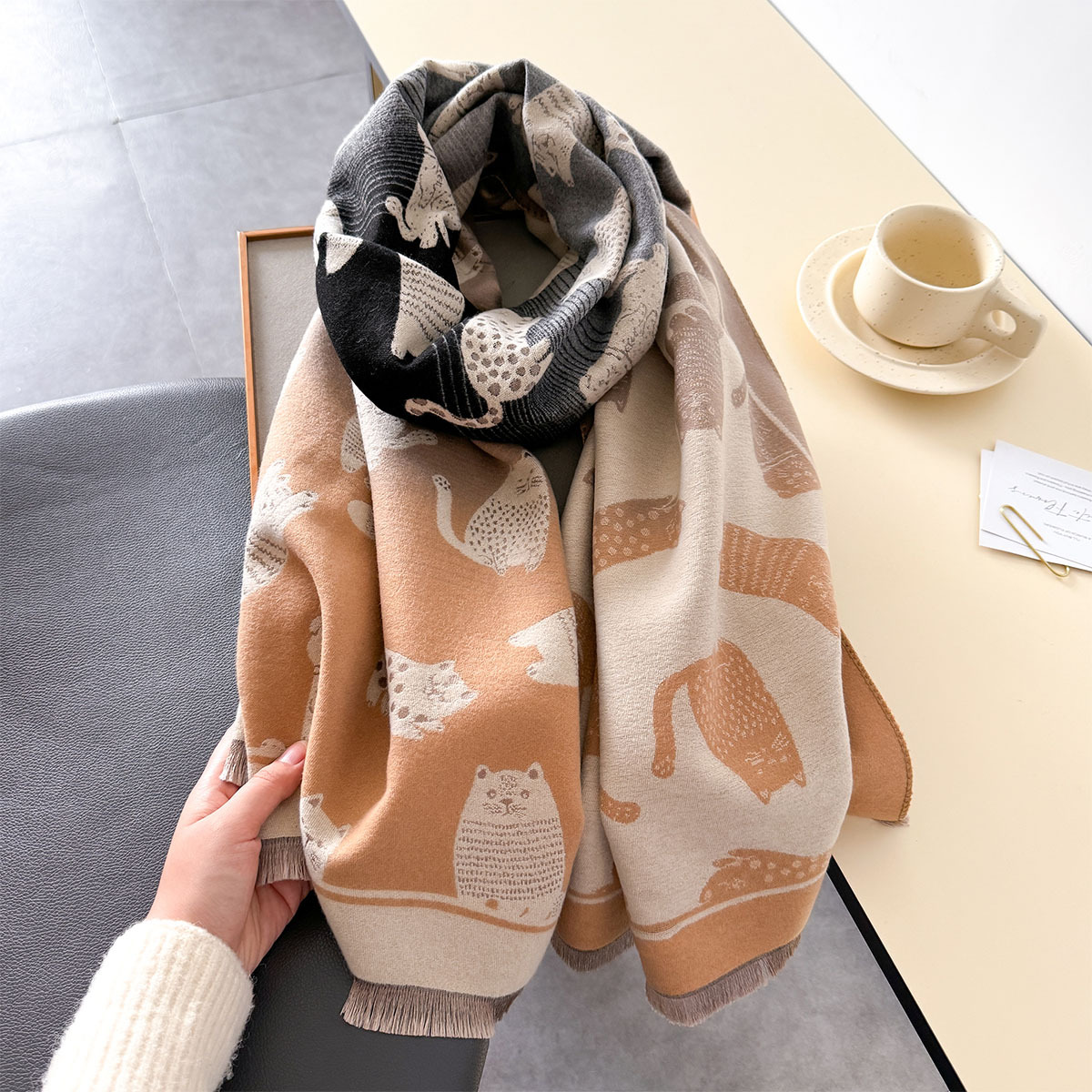 700g Weight Scarf Classification Daily, Street Occasion Polyester Material Cat Pattern Autumn&Winter Season Unisex Gender Cute, Basic Style Unisex Cute Basic Cat Polyester Scarf 7
