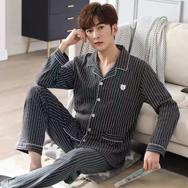2025 pijamas casuales primavera / otoño / invierno cardigan de manga larga ropa de casa otoño / verano de mediana edad más grande set de hombre de mediana edad