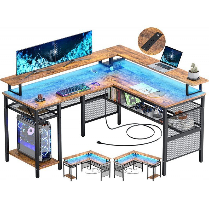 Computer Gaming Desk with Led Lights and Power Outlets, L-Shaped Office Desk with Monitor Stand, Study Desk